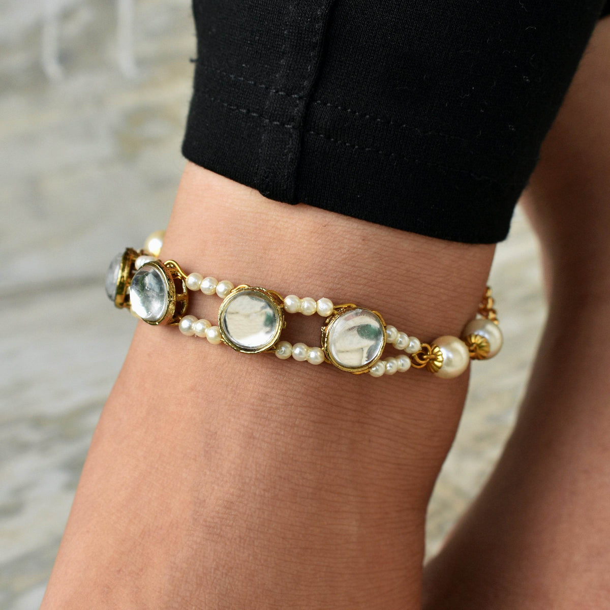 white glass kundan bar anklet