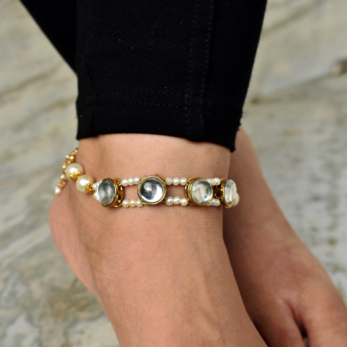 white glass kundan bar anklet