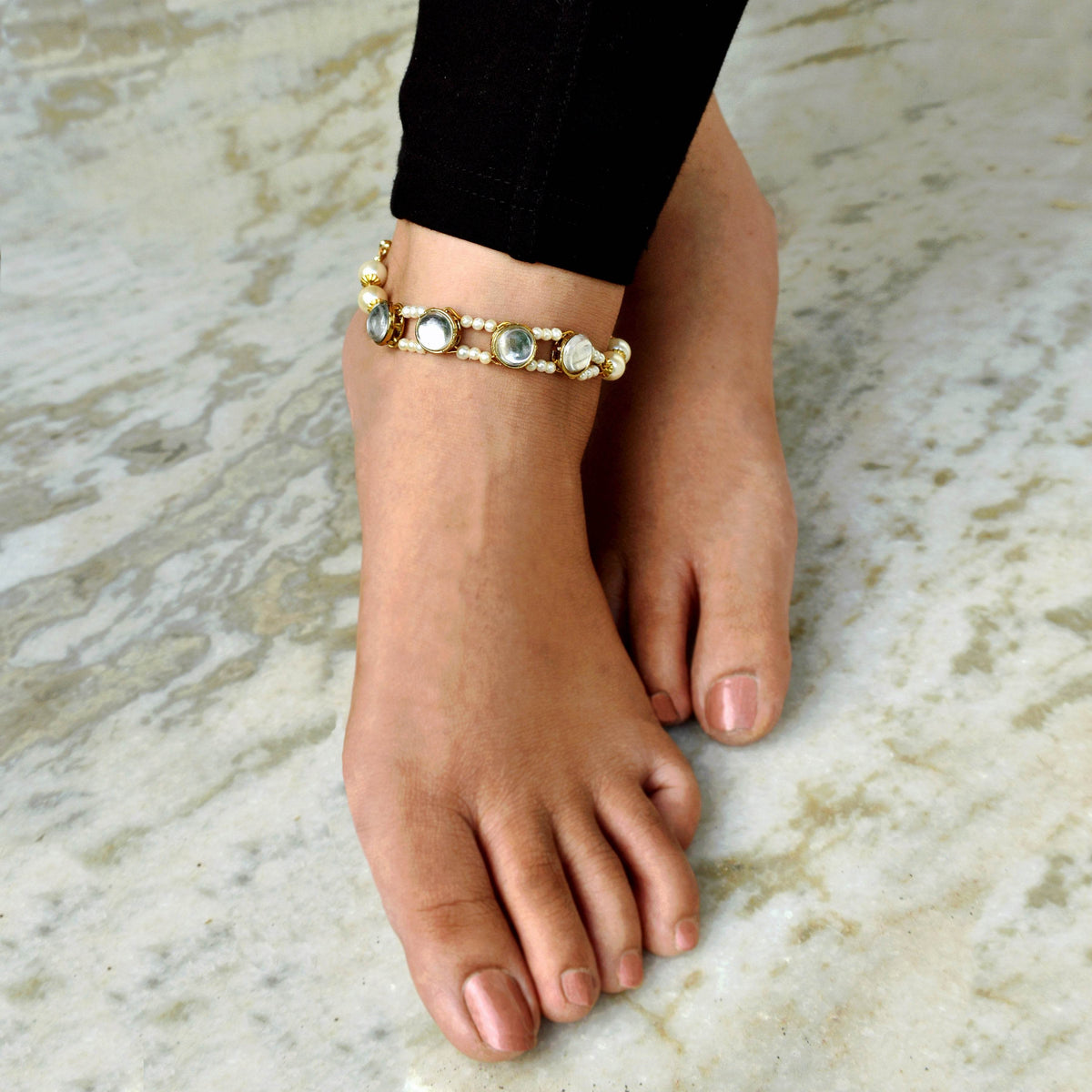 white glass kundan bar anklet