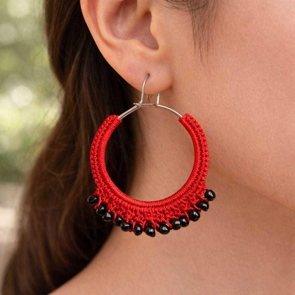 Cardinal Red hoop earrings with beads