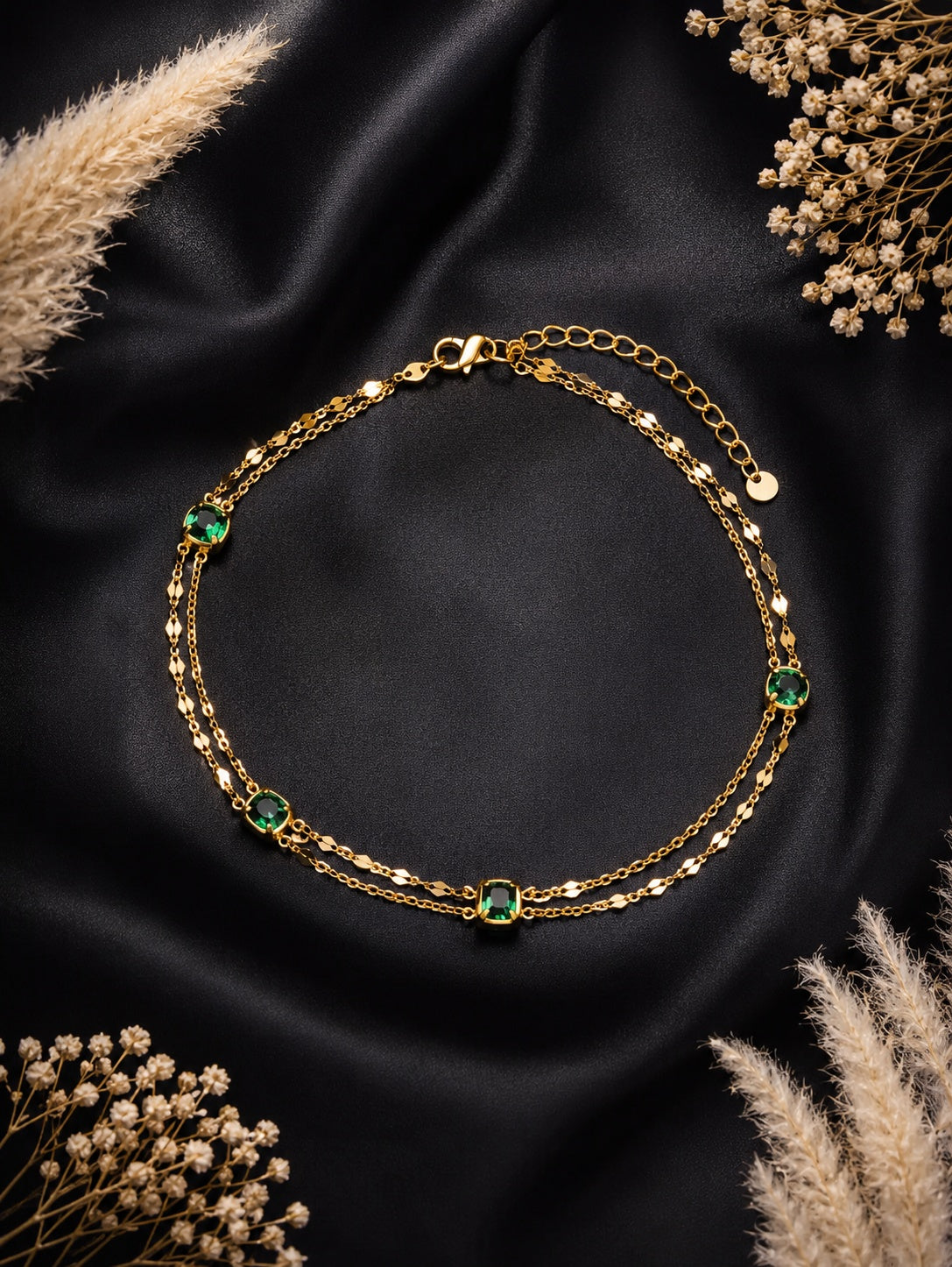 emerald-green-crystal-anklet-for-women-gold-plated-double-layer-anti-tarnish-anklet