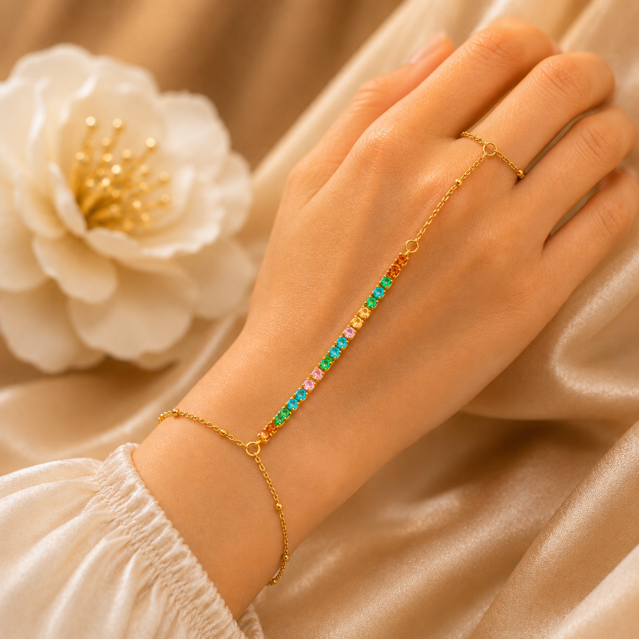 rainbow-cz-stone-gold-hathphool-hand-chain-bracelet-adjustable-finger-ring-for-women