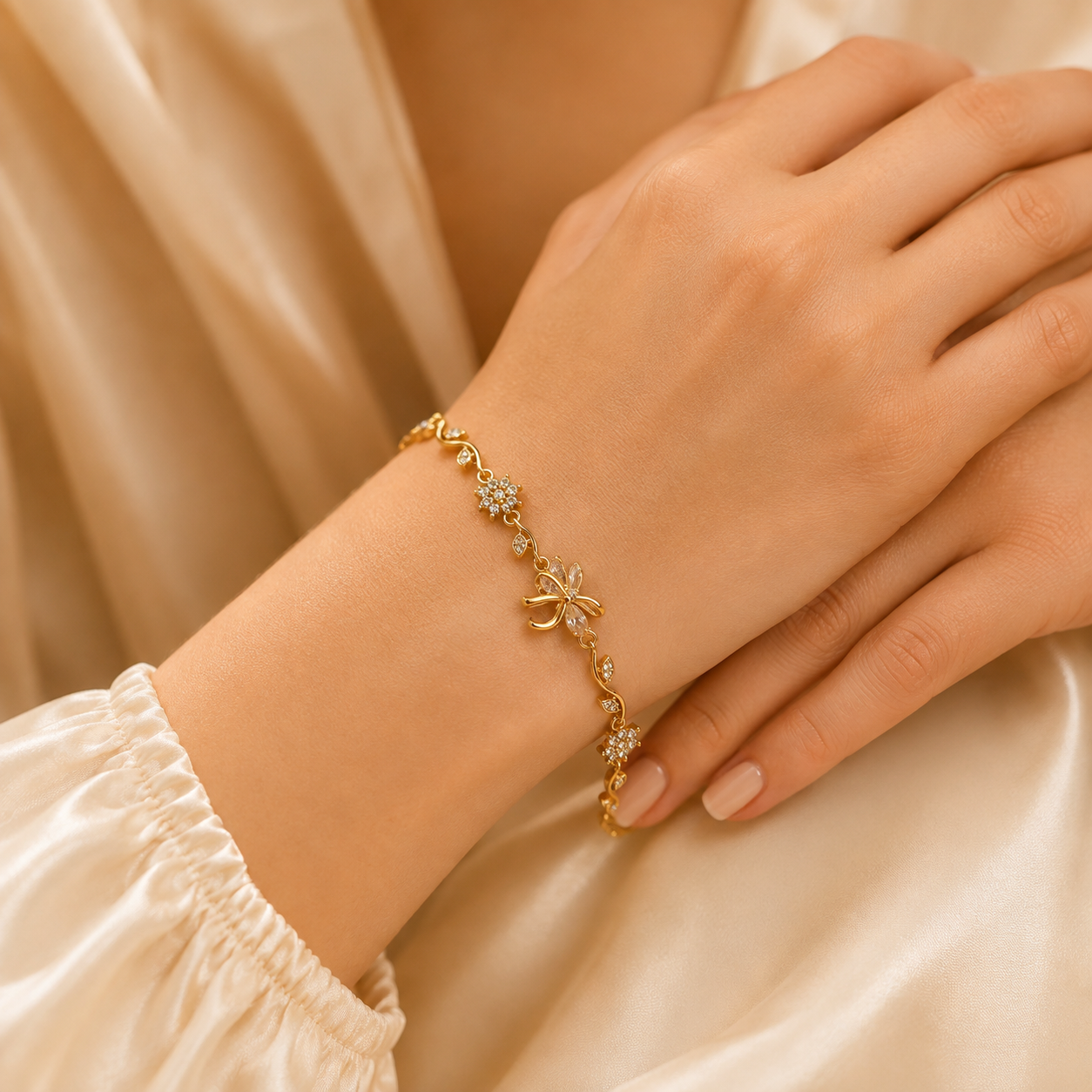 gold-cz-floral-bow-bracelet-for-women-anti-tarnish-adjustable-chain-bracelet