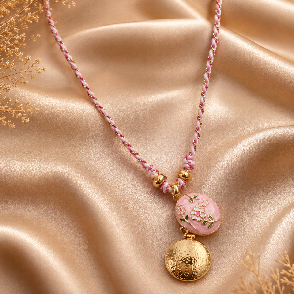 pink-floral-locket-pendant-necklace-for-women-gold-plated-braided-cord-necklace