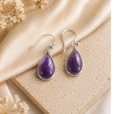 925 Sterling Silver Amethyst Purple Gemstone Hanging Earrings with Teardrop Design