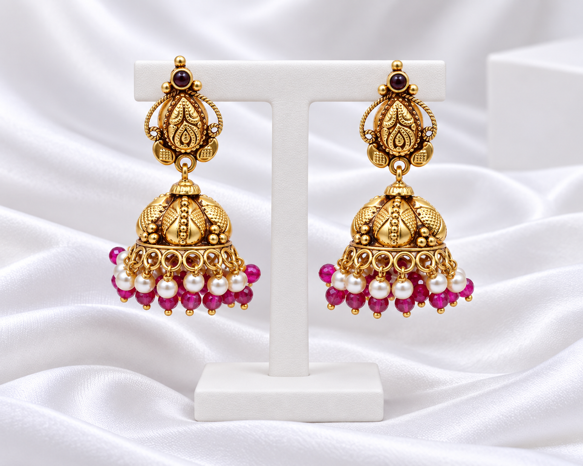 Antique Gold Tone Jhumka Earrings with Pink Beads & Pearl-Look Drops