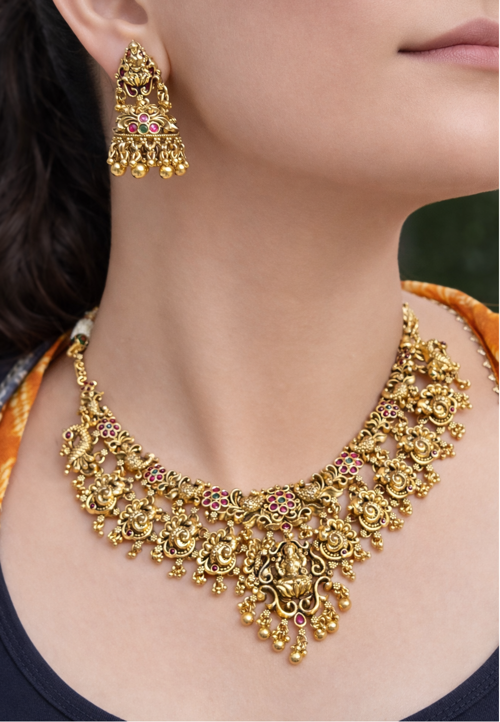 Antique Finish Floral Motif Necklace Set