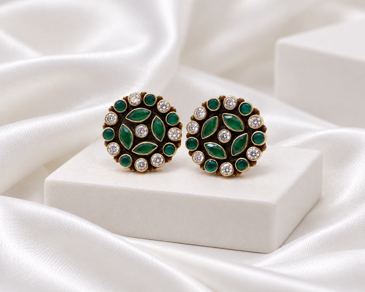 Antique Gold Finish Green & Clear Stone Floral Stud Earrings