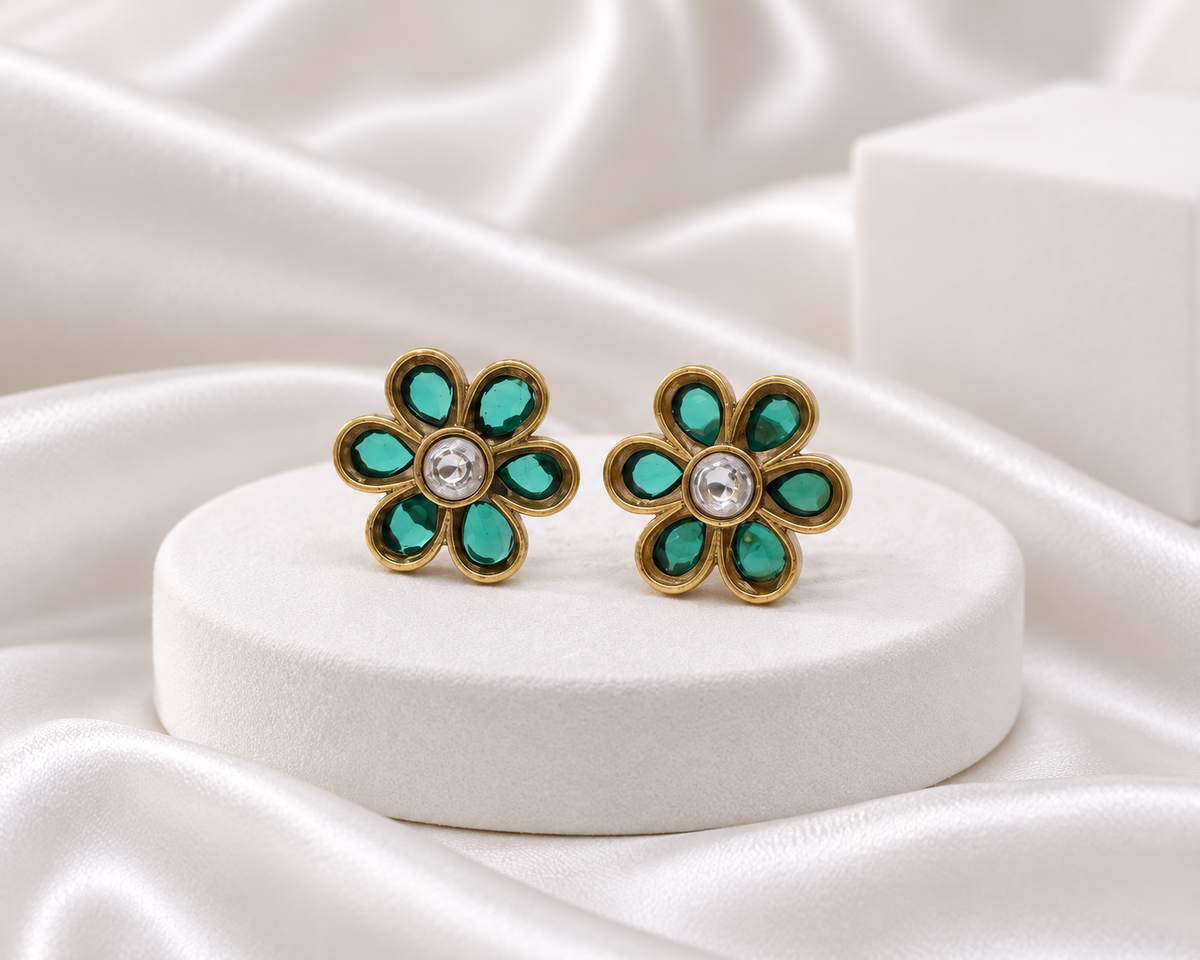 Antique Gold Finish Teal Green Floral Stud Earrings