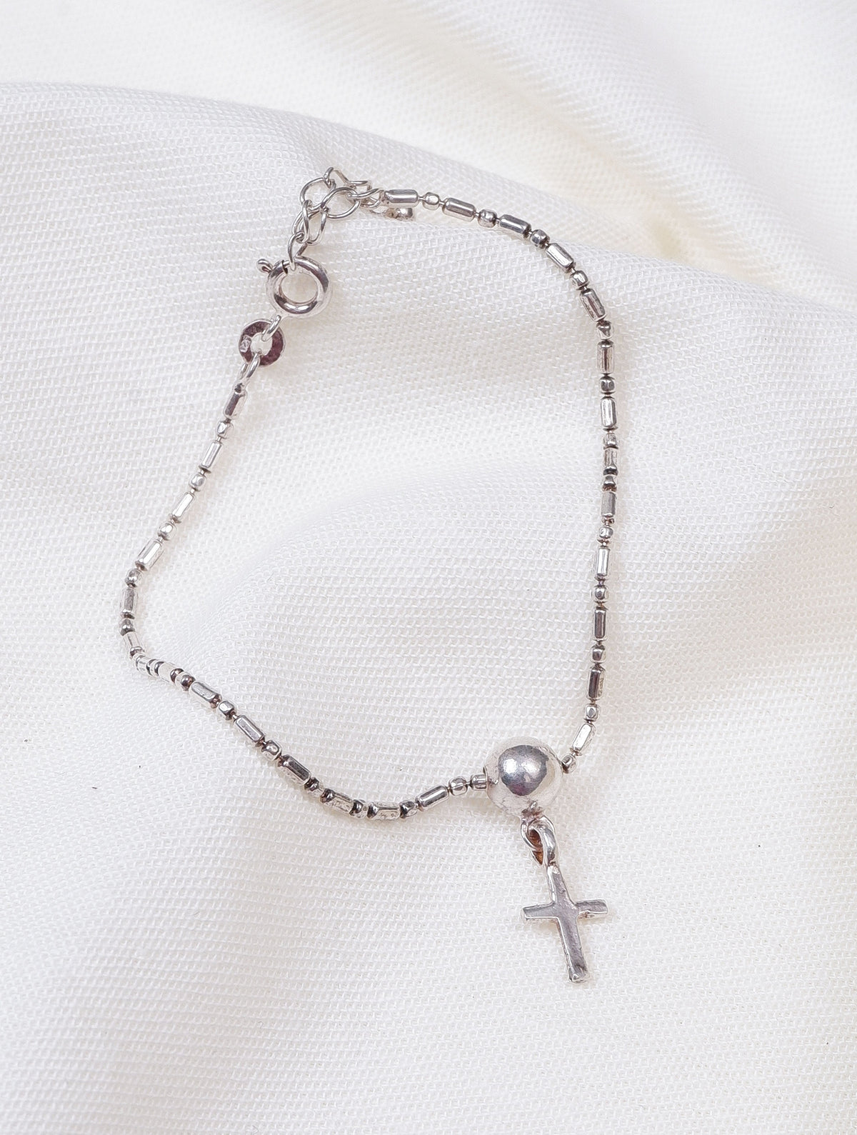 925 Sterling Silver Bead Chain With Cross Pendant Bracelet for Women and Girls
