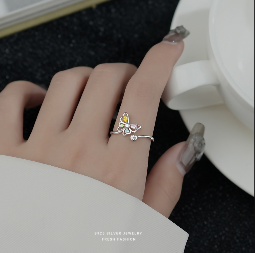 925 Sterling Silver Multicolor Cz Butterfly Adjustable Ring For Women & Girls I Butterfly Ring (Adjustable)