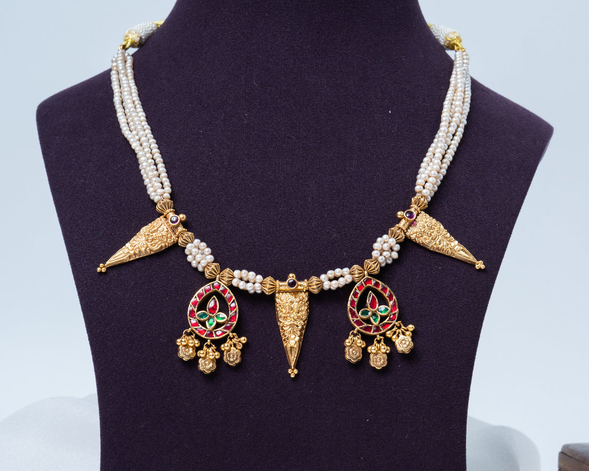 Royal Pearl & Kemp Stone Antique Gold 925 Silver Necklace