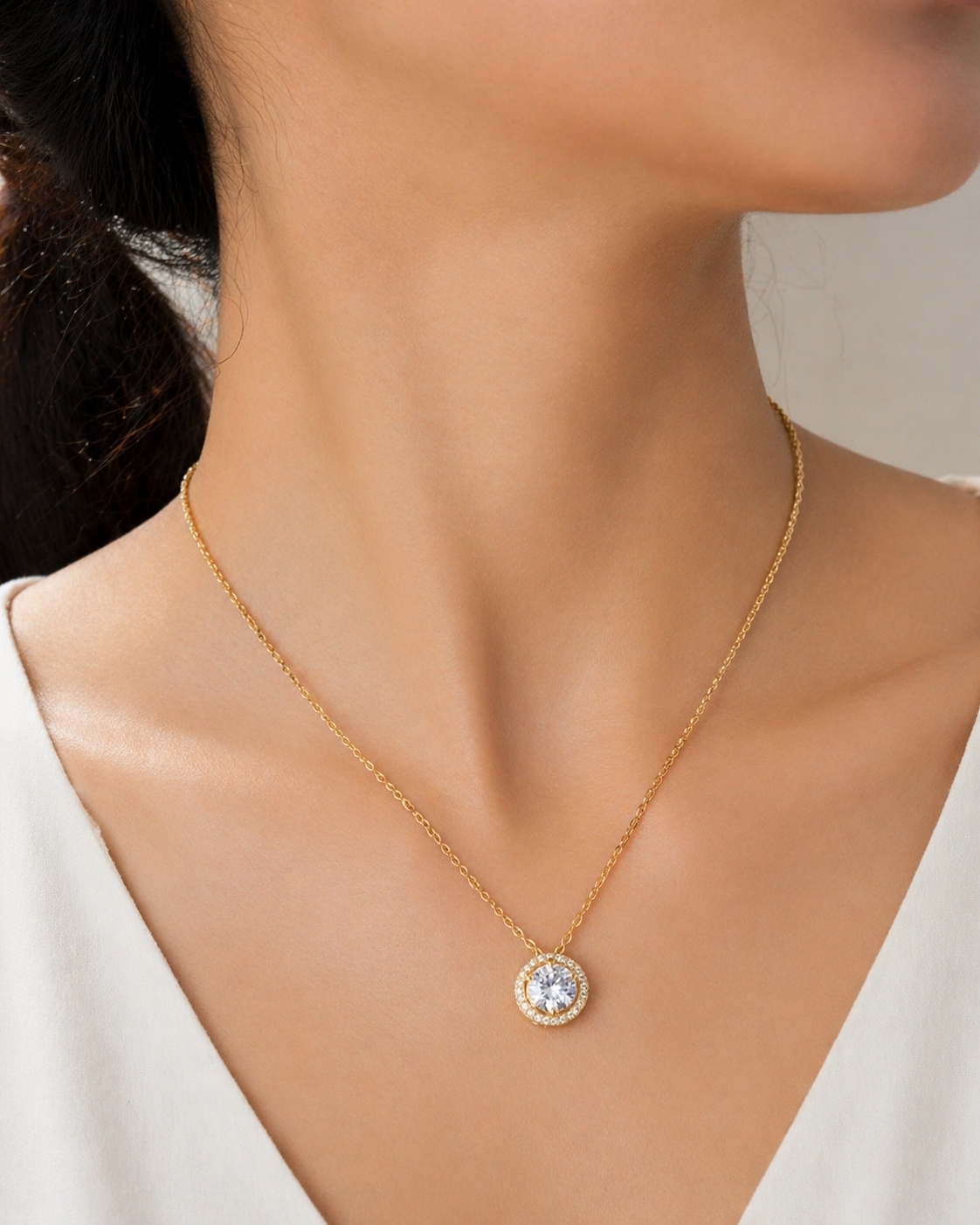 925 Sterling Silver Gold Plated Round Micro-Pave Halo Solitaire Pendant Necklace