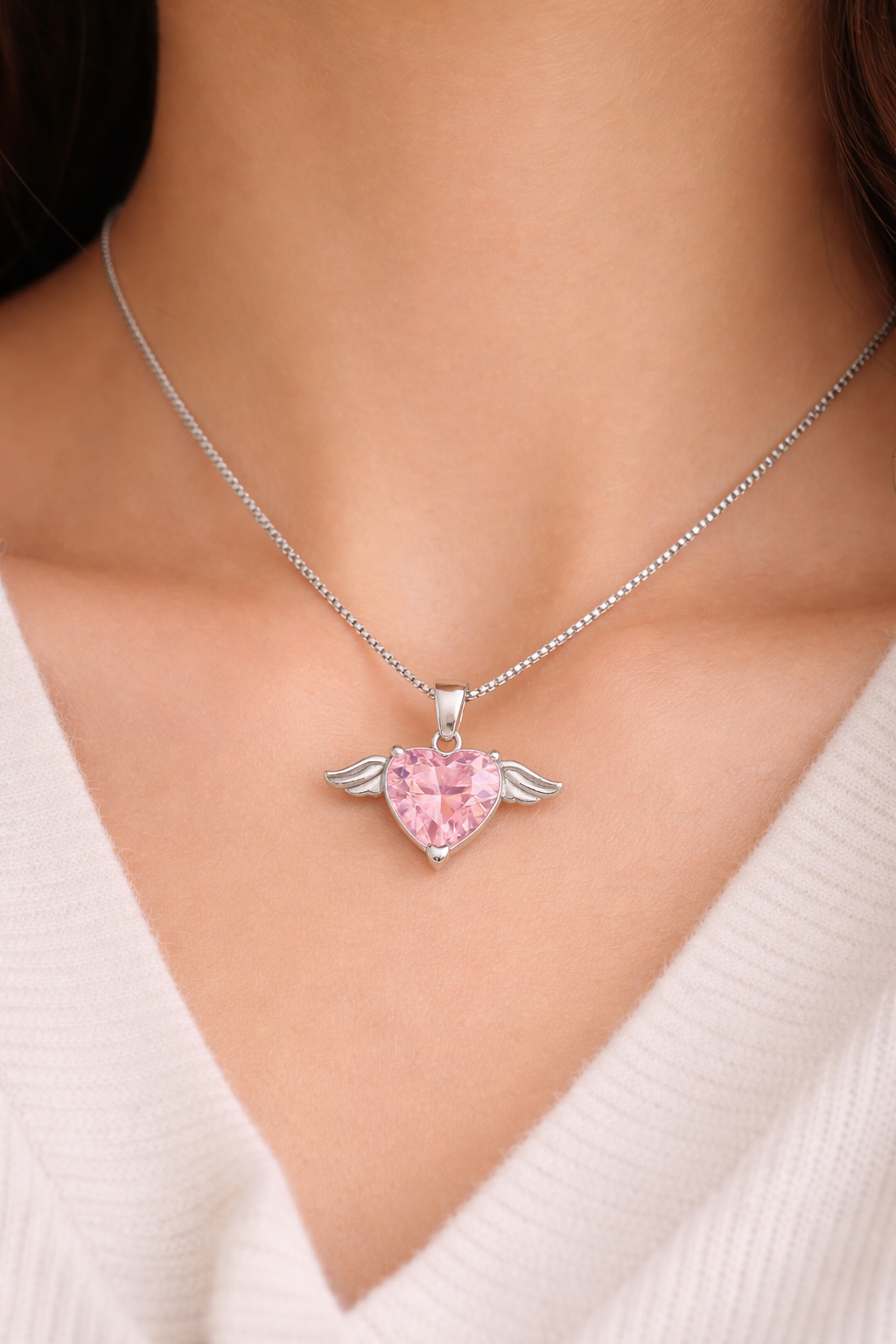Angel Wings Heart Sterling Silver Pink CZ Pendant