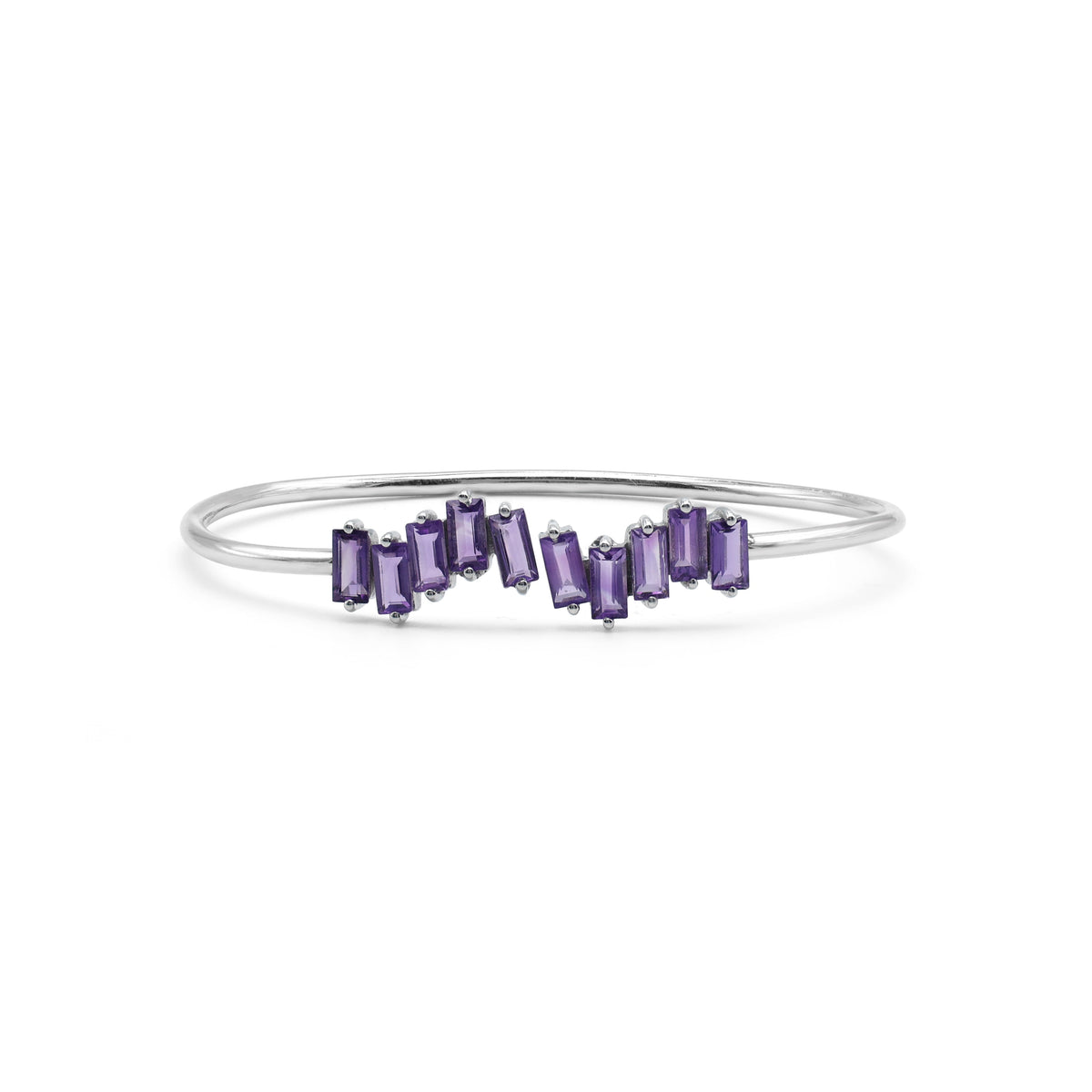 Geometric Wave Bangle in 925 Sterling Silver with Baguette-Cut Amethyst
