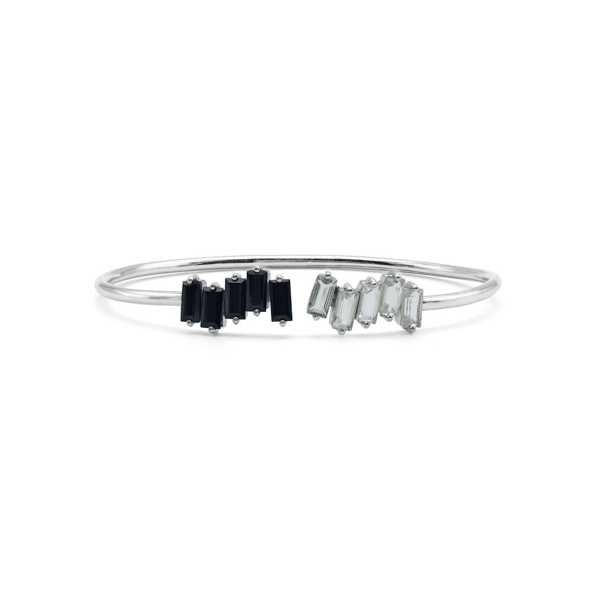 925 Sterling Silver Toi et Moi Cuff Bangle with Baguette-Cut Black Onyx & Green Amethyst