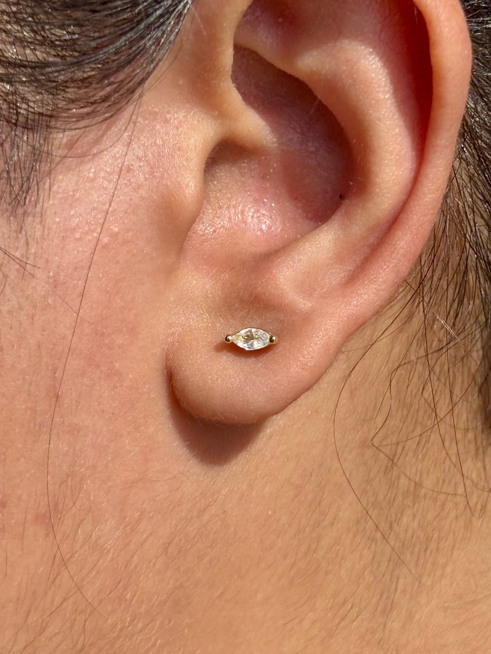 Close-up of bezel stone flat-back stud earrings �? 18k gold-plated comfort studs, anti-tarnish and waterproof.