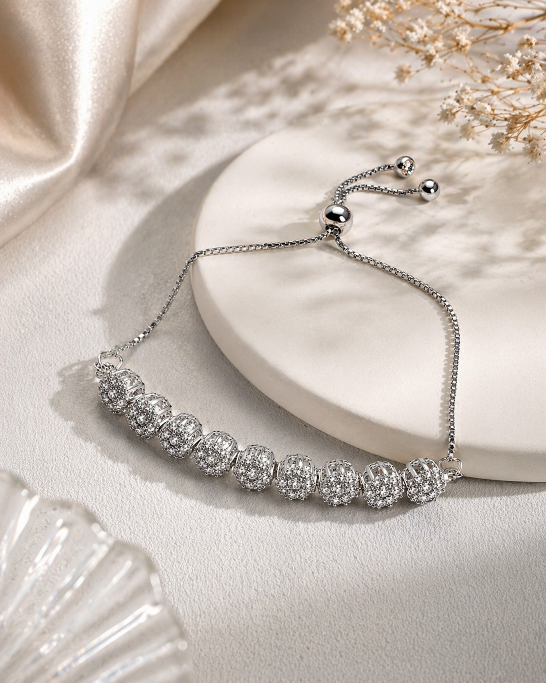 925 Sterling Silver Adjustable Floral CZ Bracelet with Slider Chain