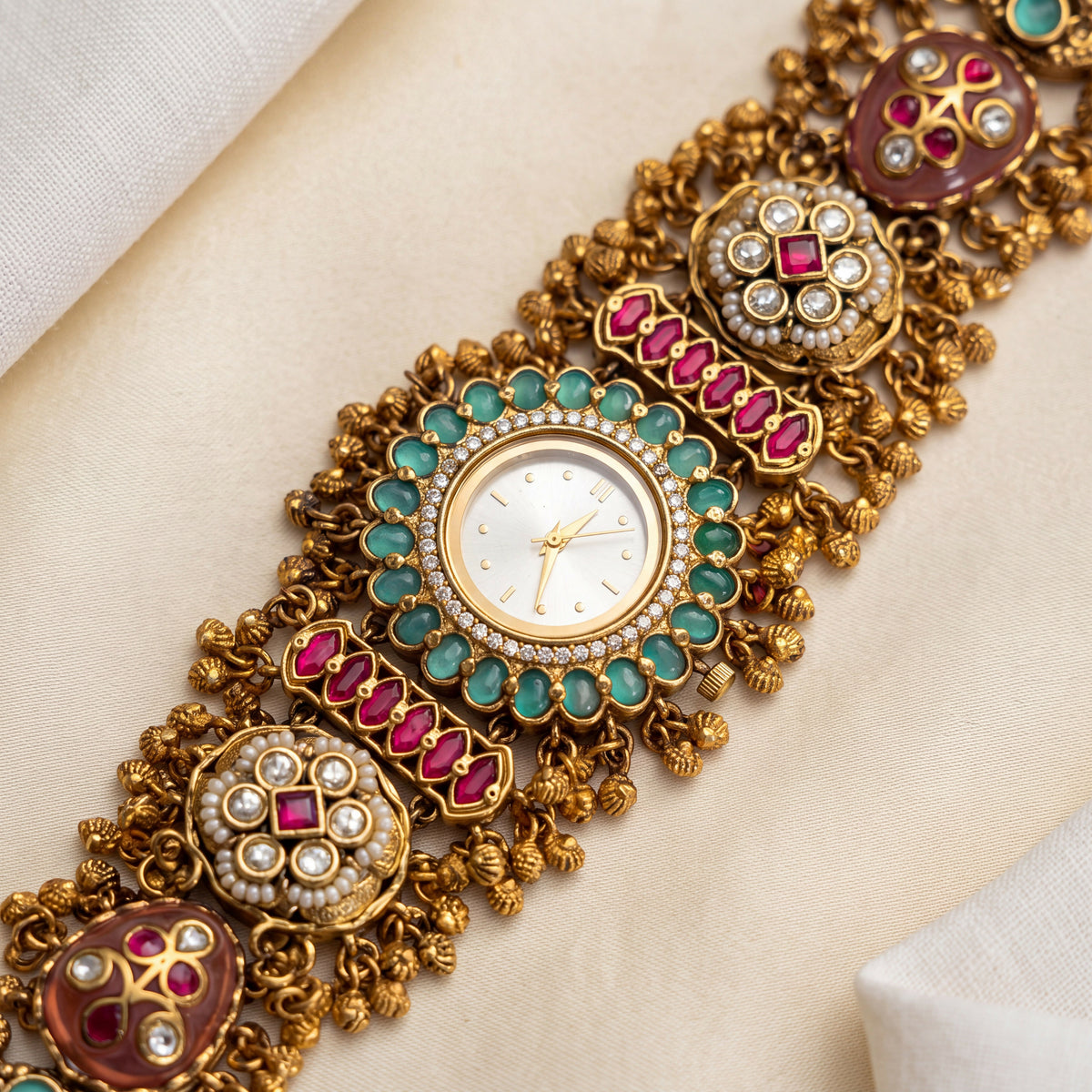 Antique Gold White Dial Green Bezel Ruby Bar Temple Ghungroo Bracelet Watch for Women & Girls | Stylish Watch | Wrist Watches for Girls | Ideal for gifting | Gift for Diwali, Christmas, Marriage, Birthday, anniversary, wedding