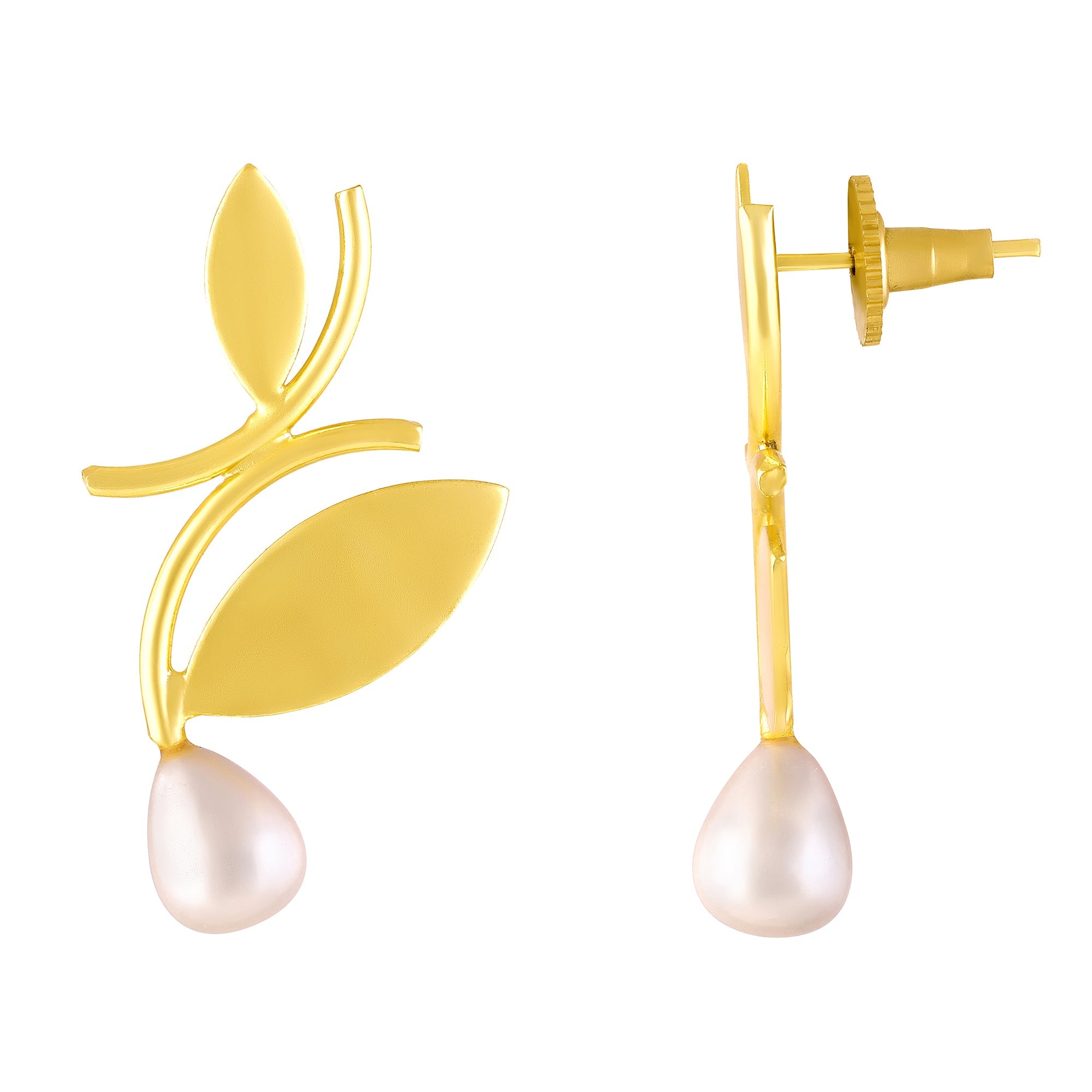 Bdiva 18K Gold Plated Leaf Pearl Drop Earrings with a Redefine Modern Elegance