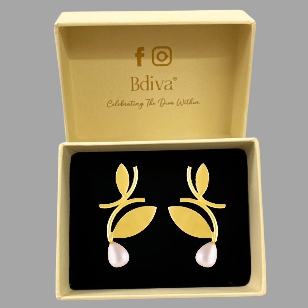 Bdiva 18K Gold Plated Leaf Pearl Drop Earrings with a Redefine Modern Elegance