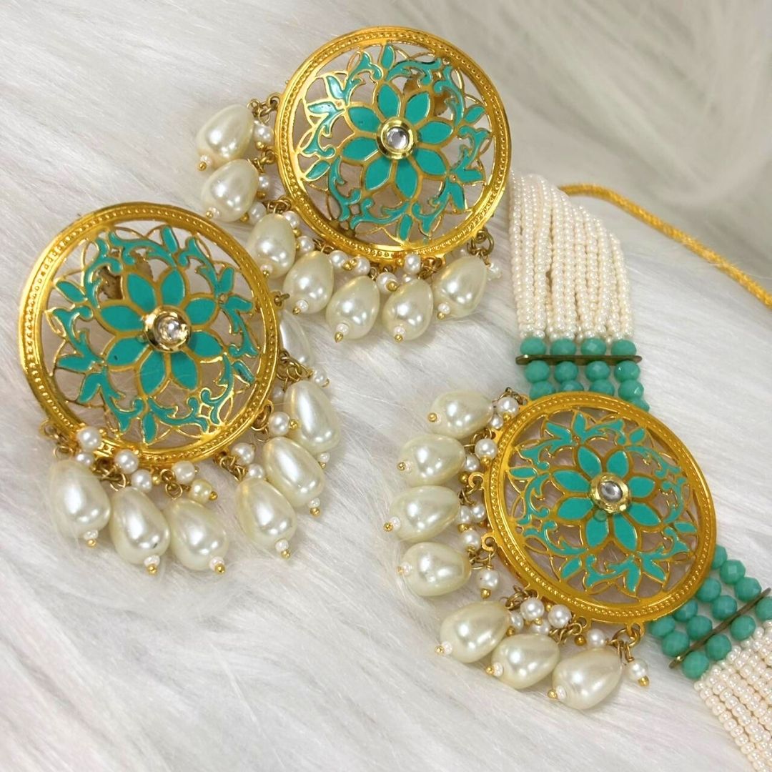 Green Enamel Kundan Pearl Choker Set