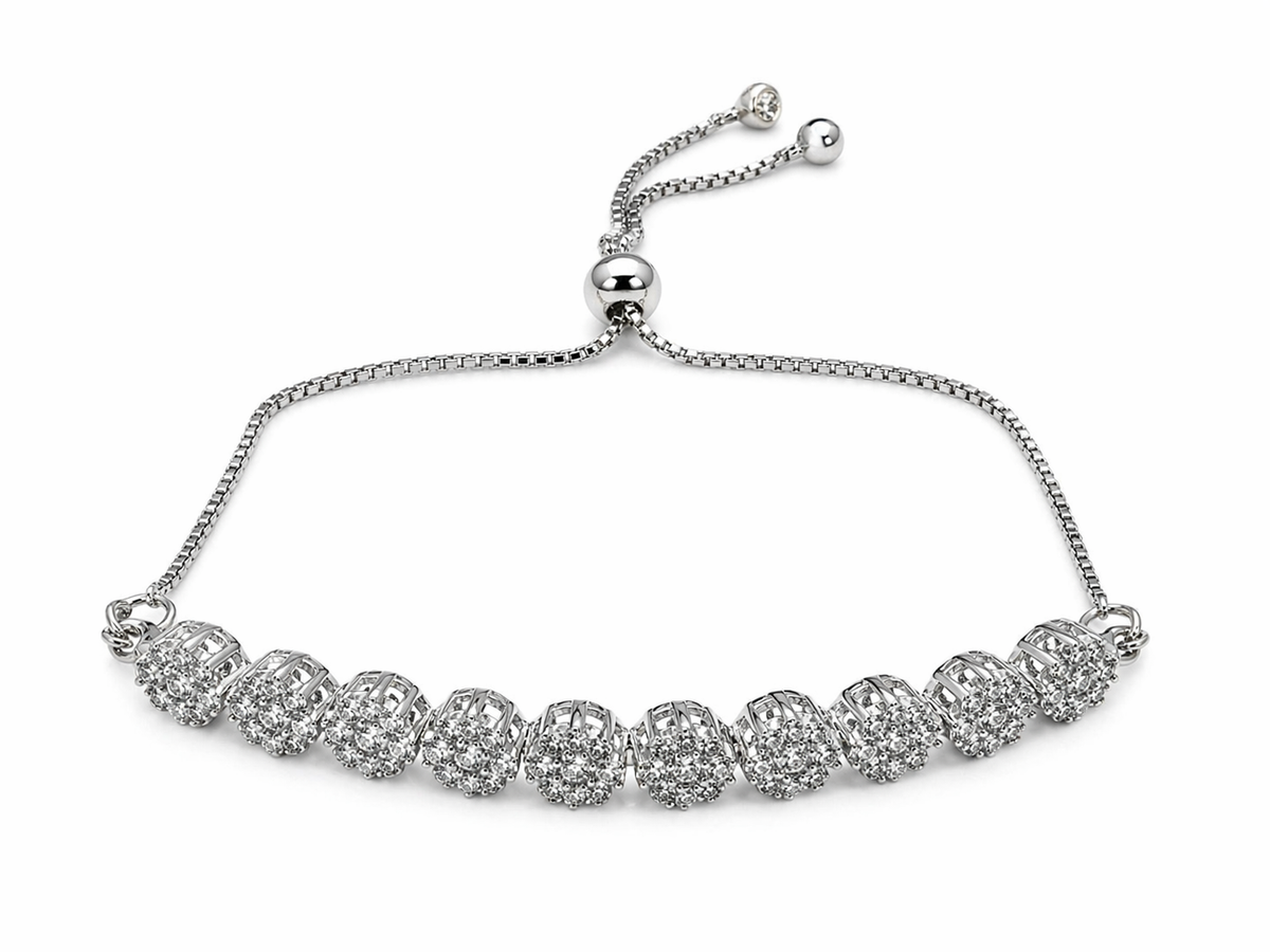 925 Sterling Silver Adjustable Floral CZ Bracelet with Slider Chain