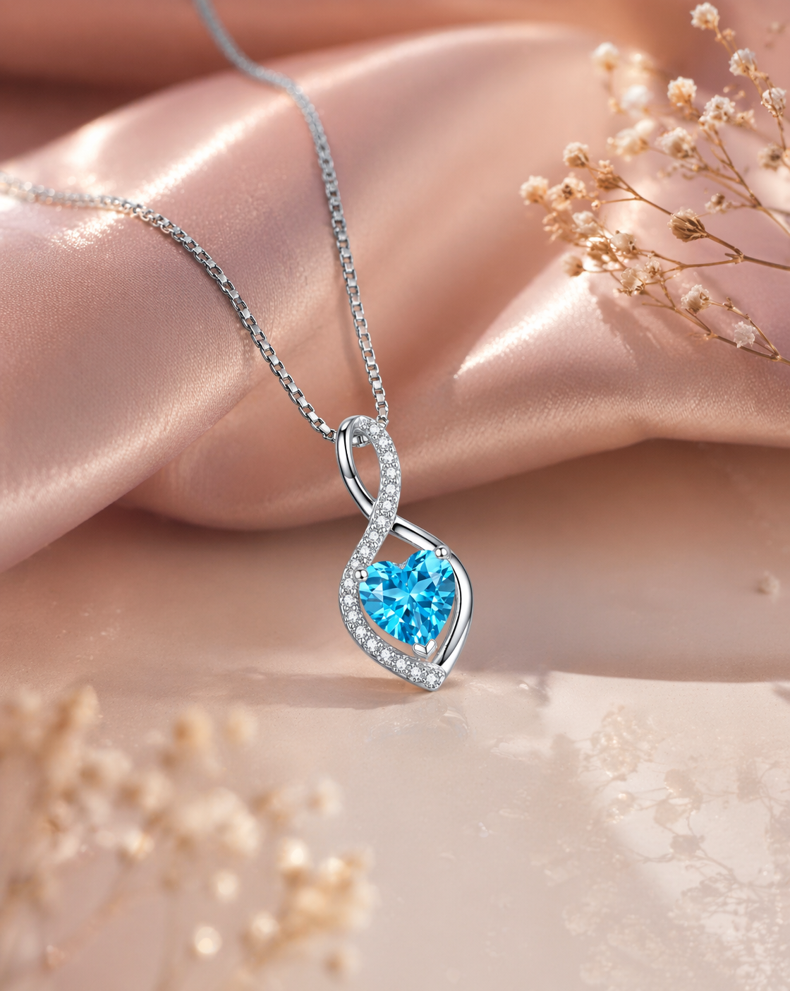 925 Sterling Silver Rhodium Plated Blue Heart Crystal Pendant with Sleek Box Chain