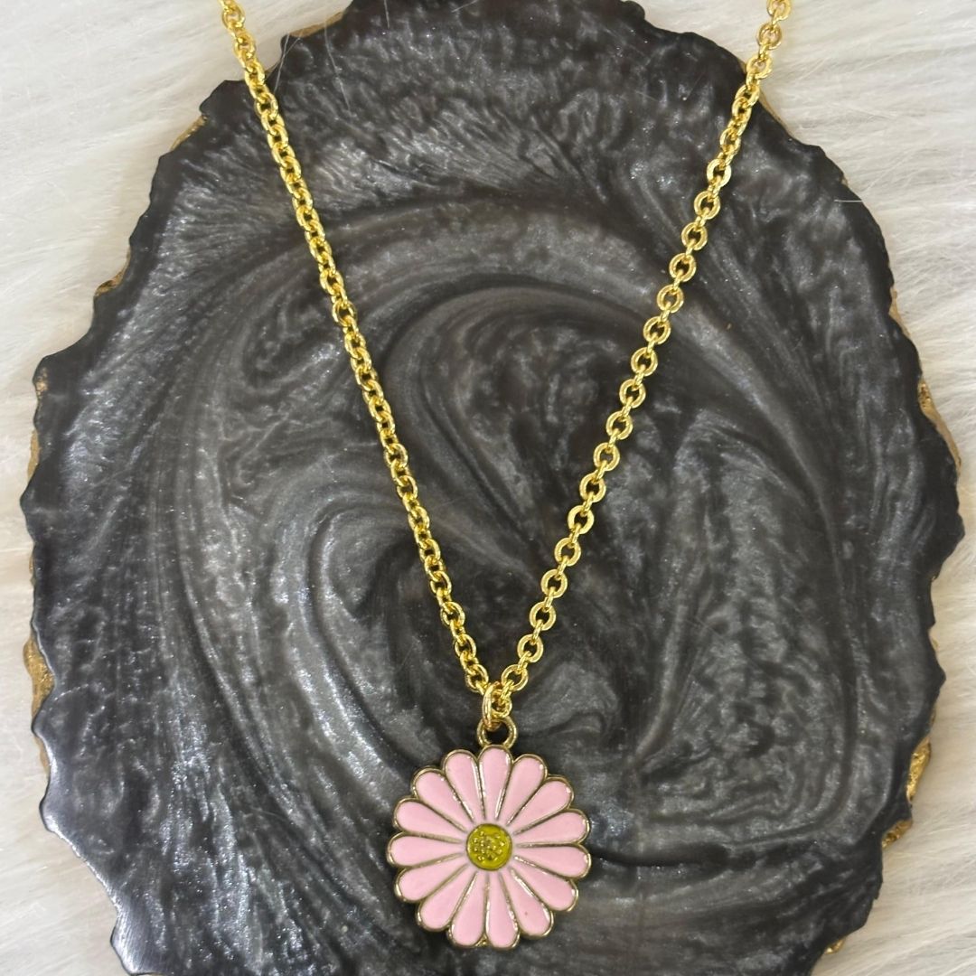Gold Plated Pink Flower Pendant Necklace