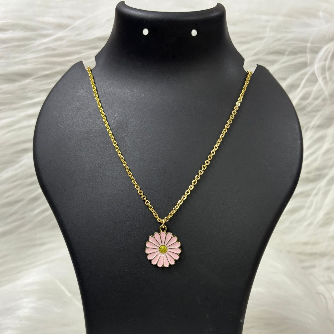 Gold Plated Pink Flower Pendant Necklace