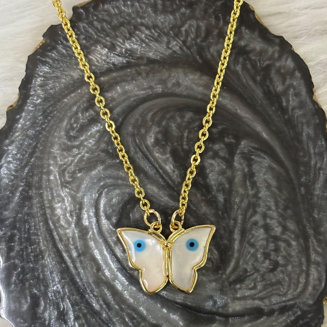 Gold Plated Butterfly Pendant with Evil Eye