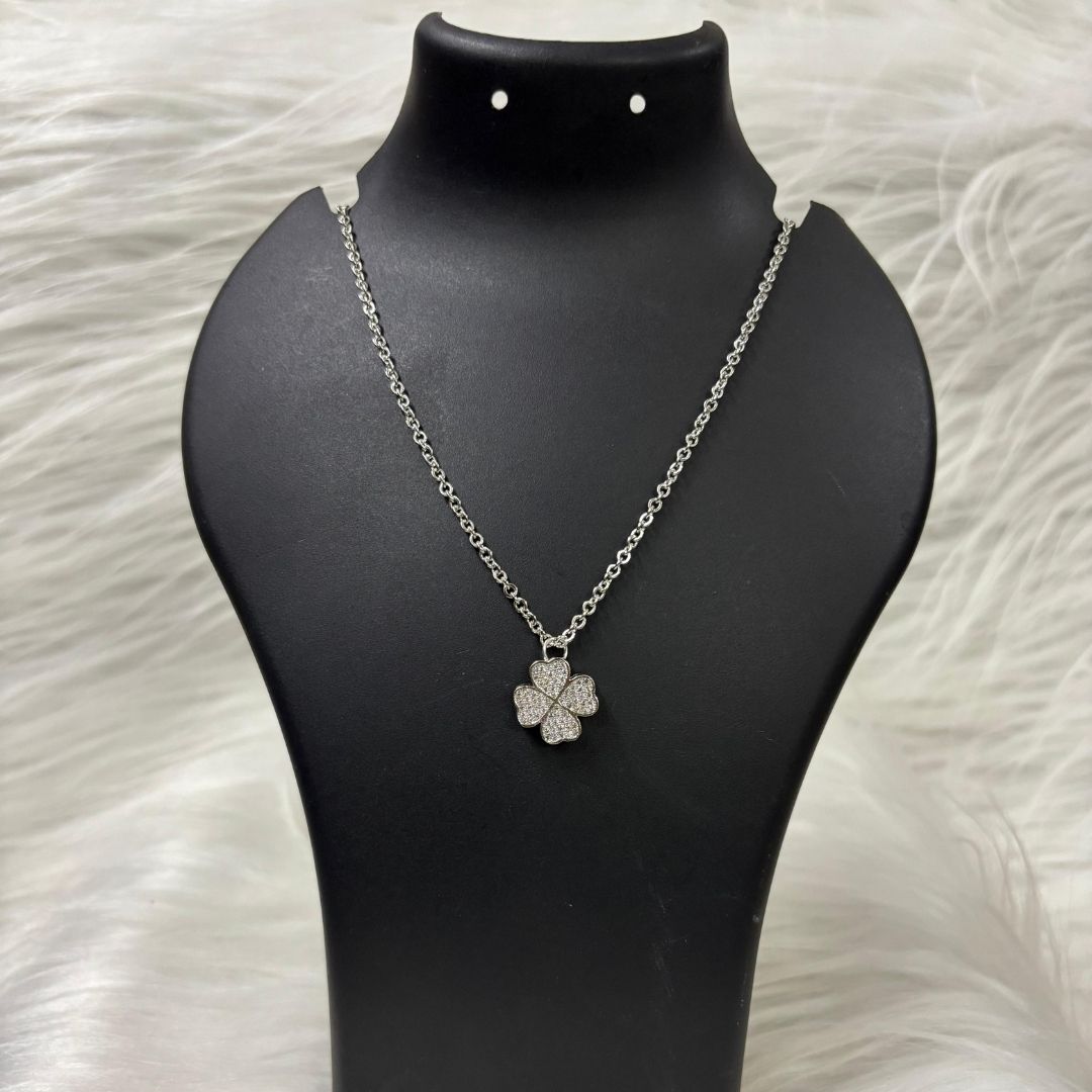 Rhodium Plated Clover Pendant with CZ Stones