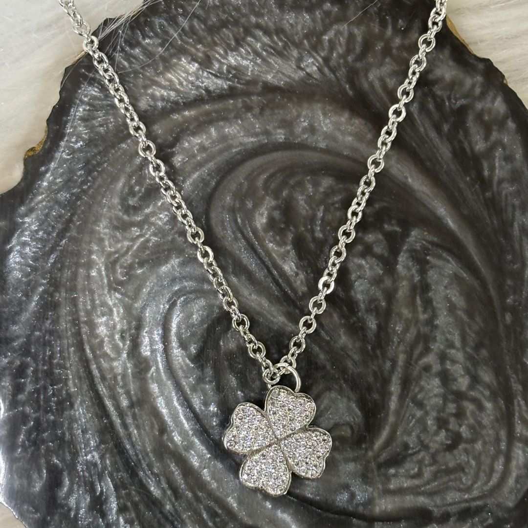 Rhodium Plated Clover Pendant with CZ Stones
