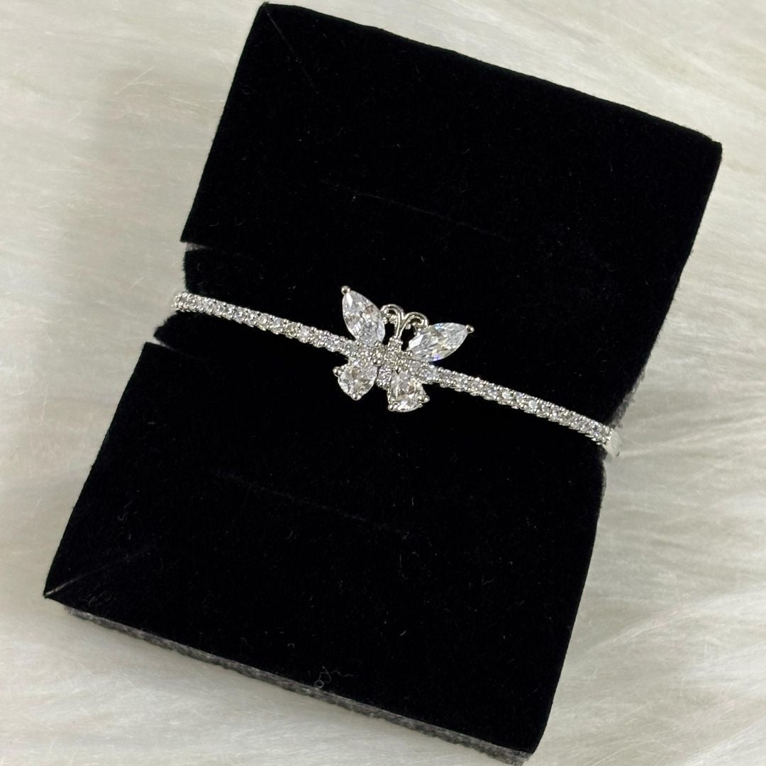 Rhodium-Plated Cubic Zirconia Butterfly Bangle