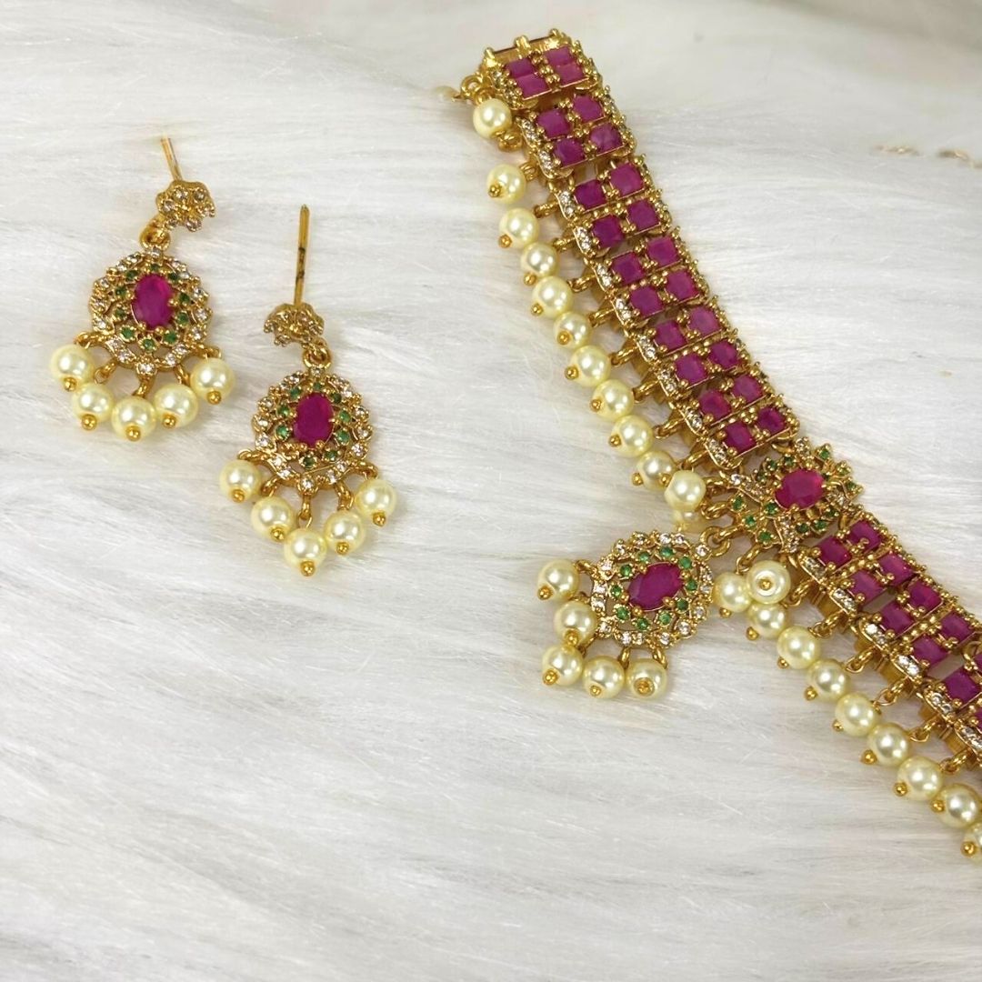 Gold Plated Pink Kundan Semi Cultured Pearl Choker Set