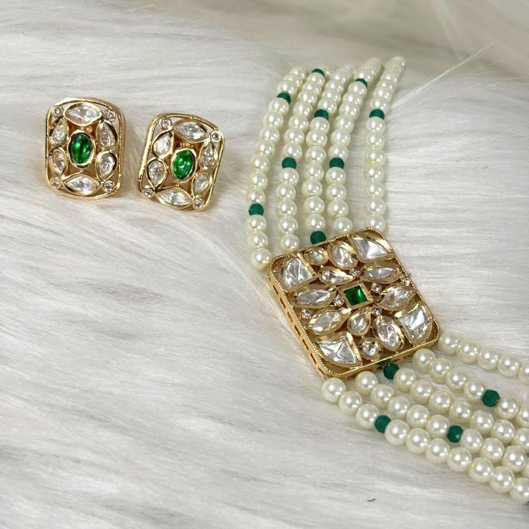 Gold Plated Green Kundan Semi Cultured Pearl Choker Set