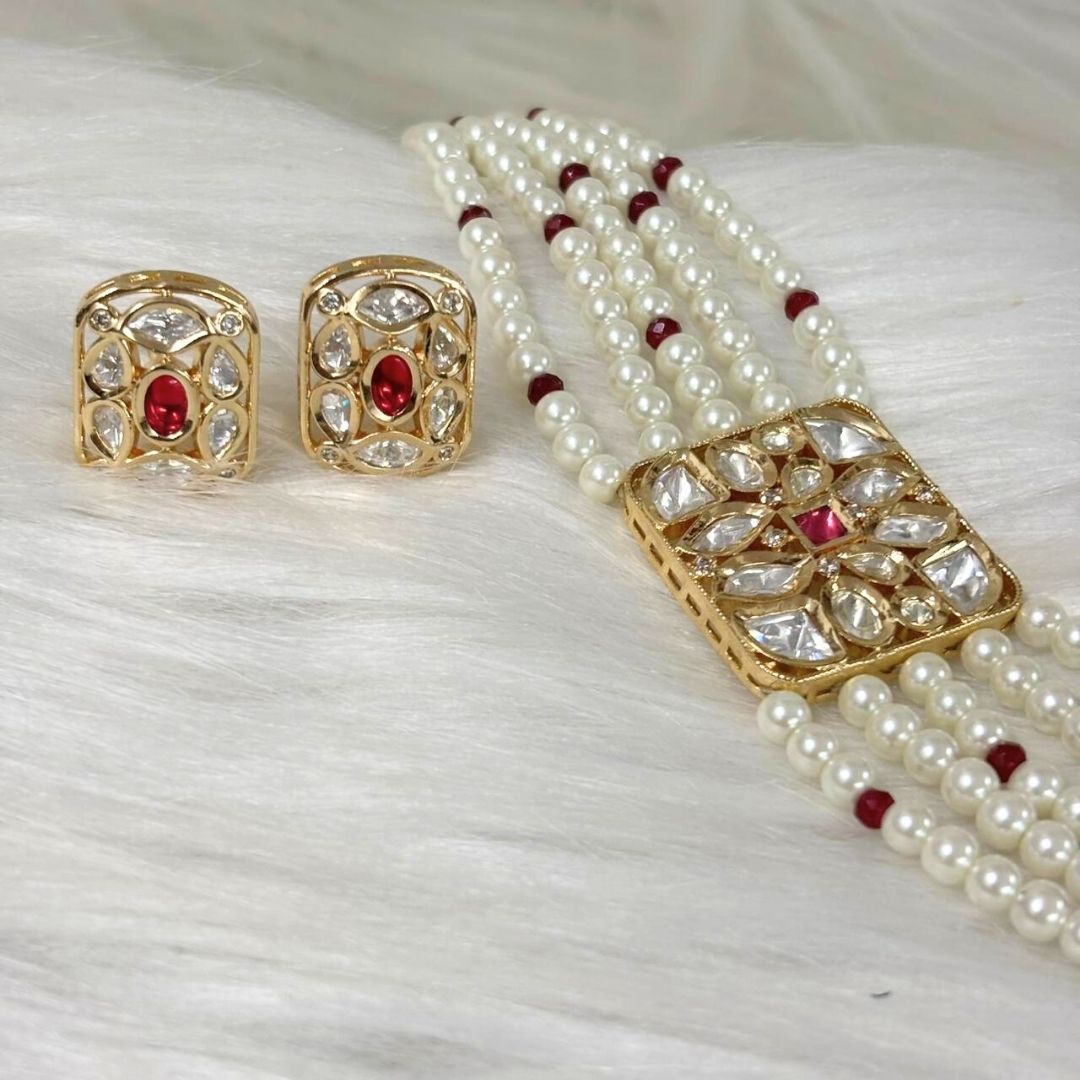 Gold Plated Pink Kundan Semi Cultured Pearl Choker Set