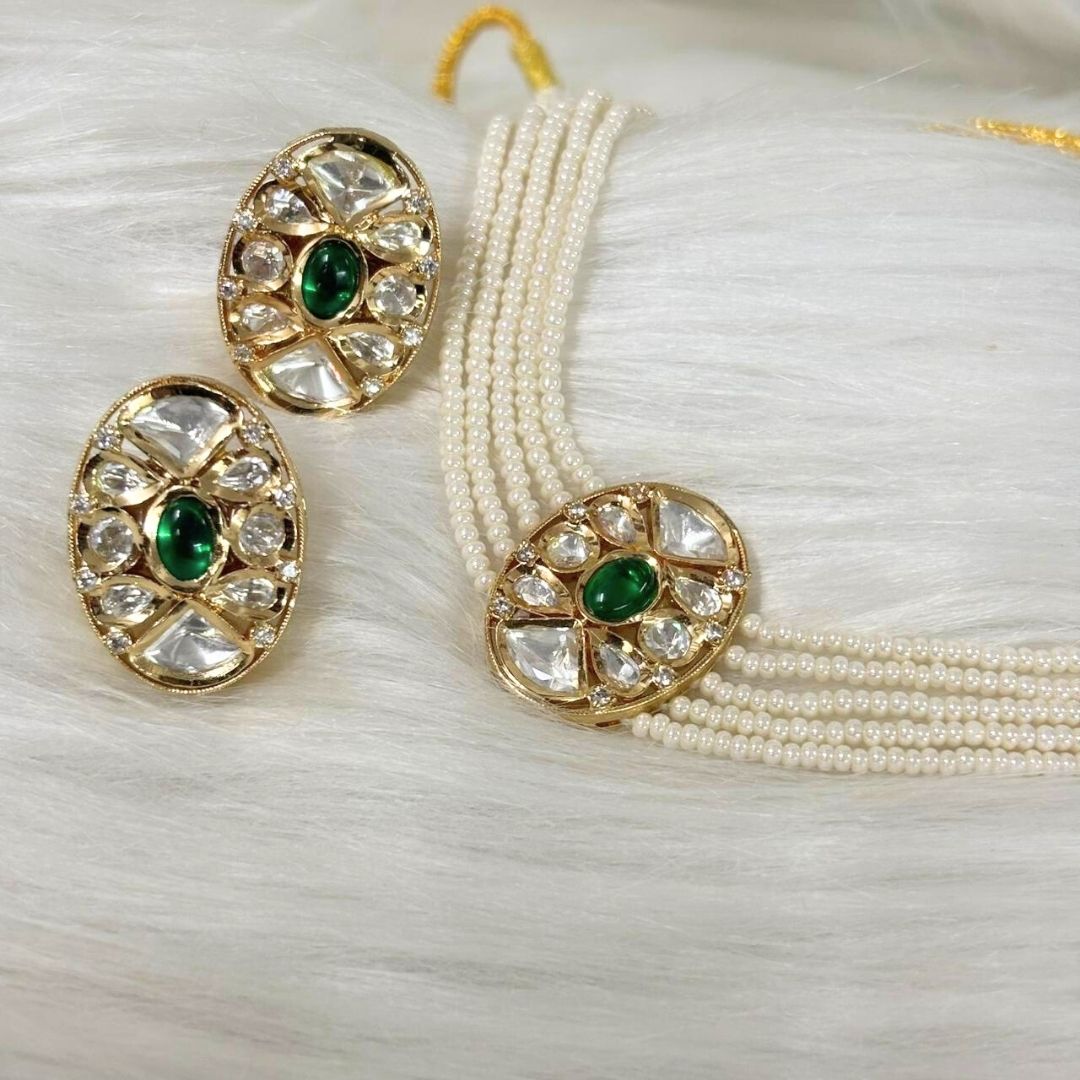 Gold Plated Green Kundan Semi Cultured Pearl Choker Set