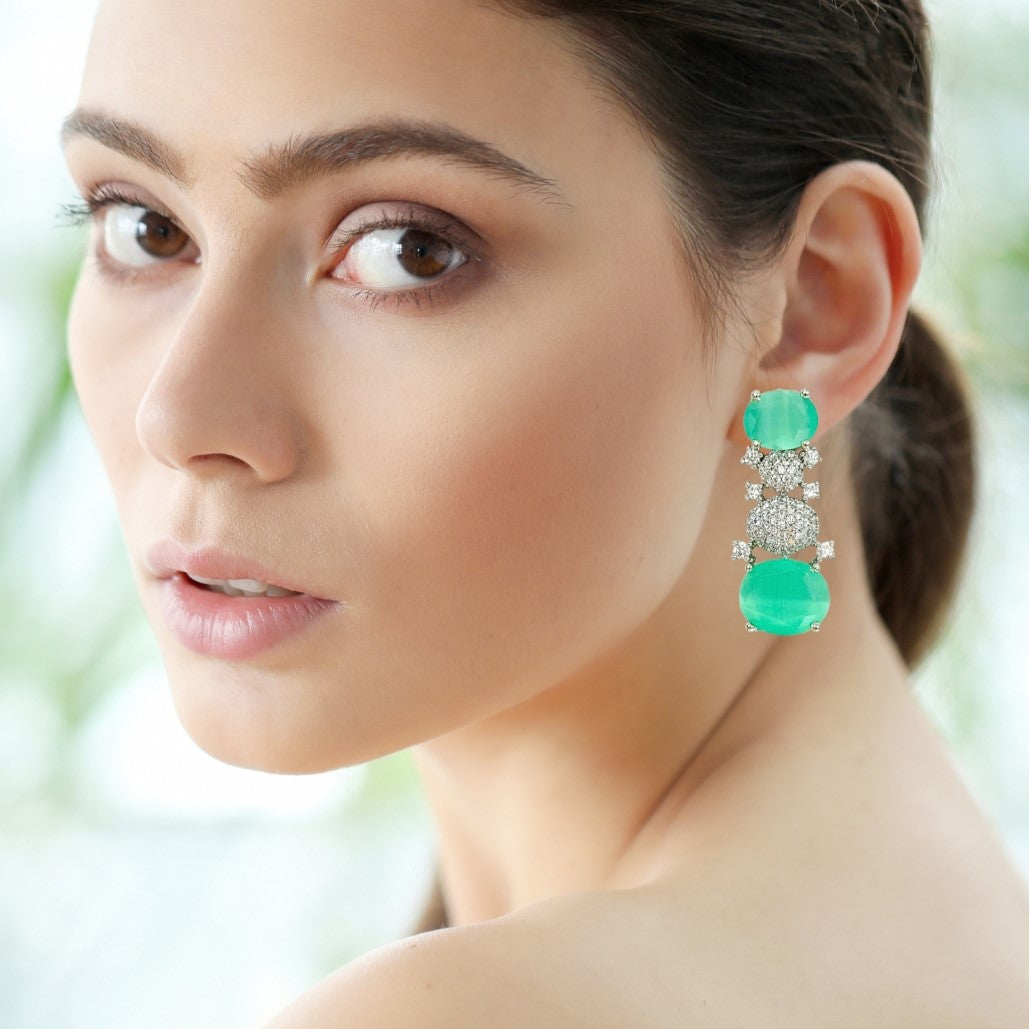 Rhodium Plated Green Stone Earrings