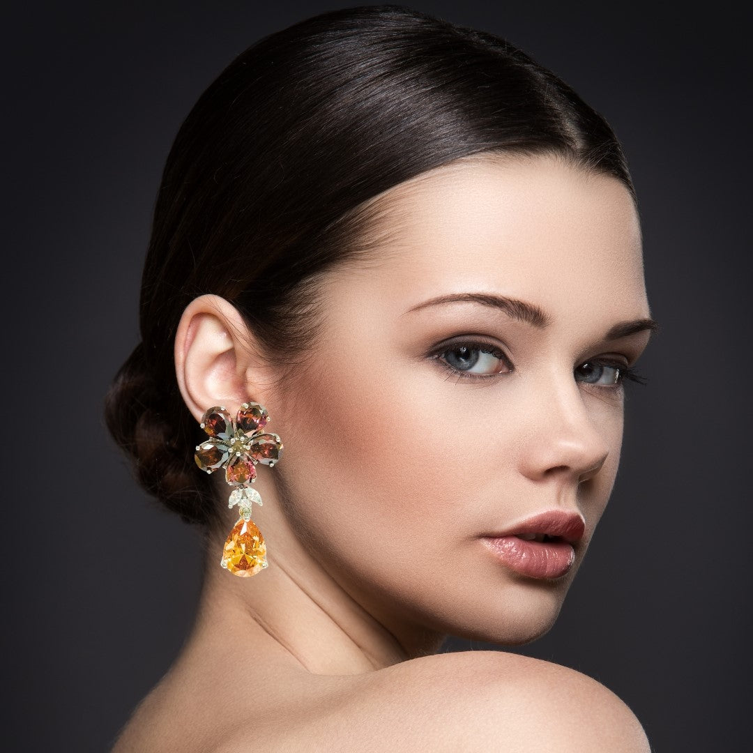 Rhodium Plated Gemstone Earring