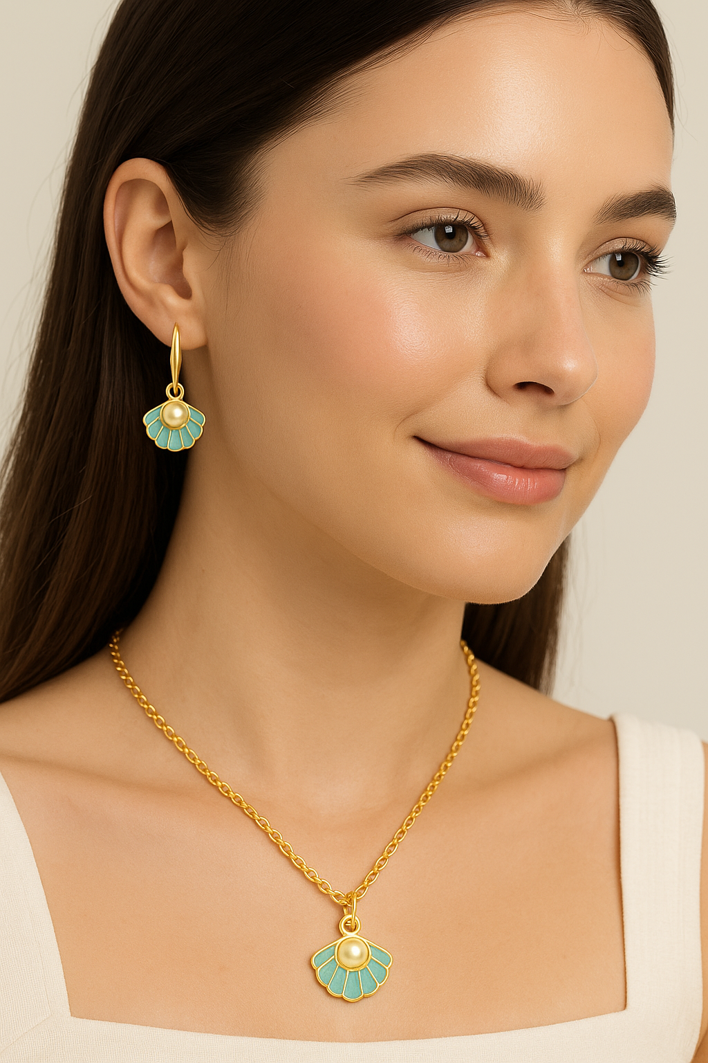 Gold-Plated Aqua Pearl Pendant Set