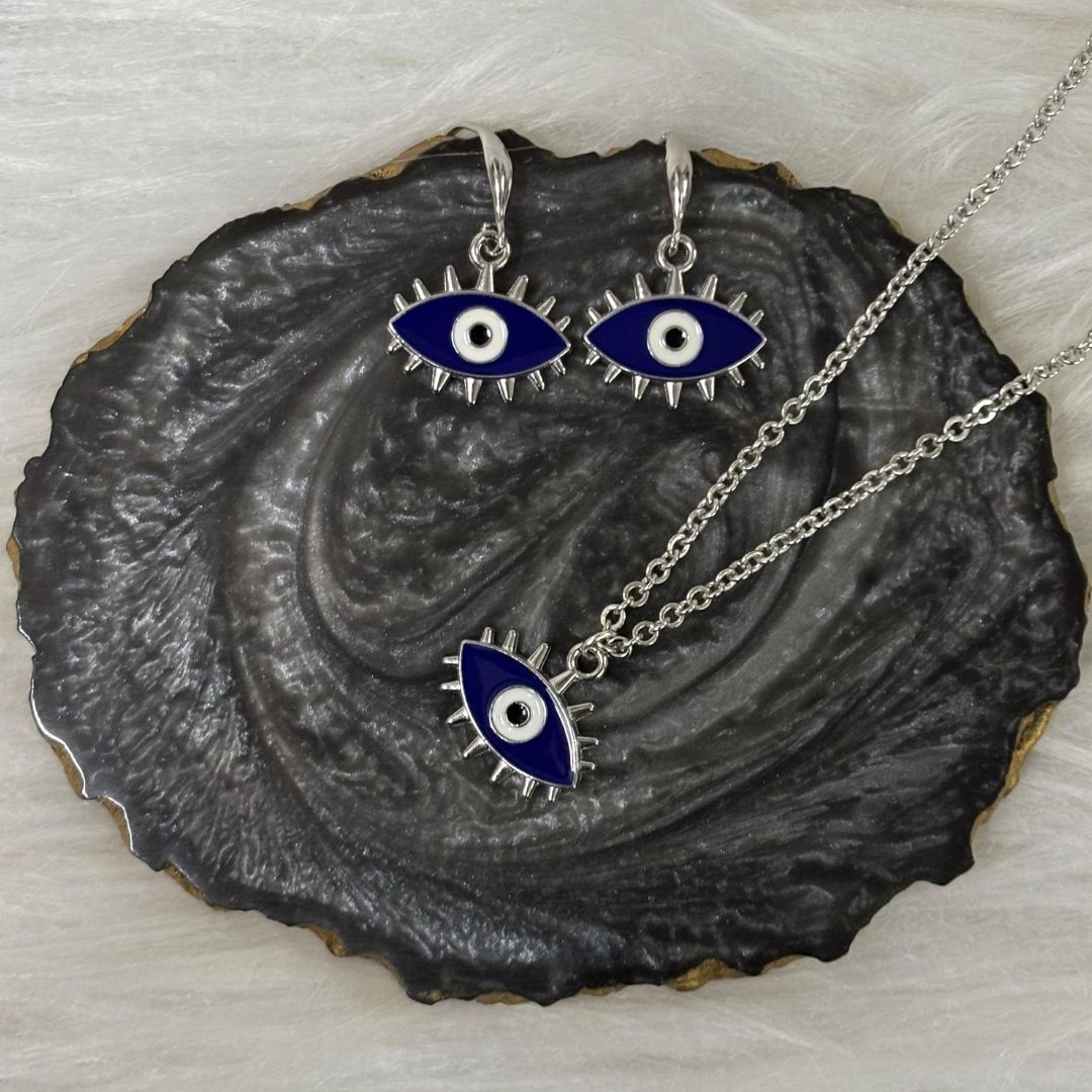 Rhodium-Plated Evil Eye Pendant Set