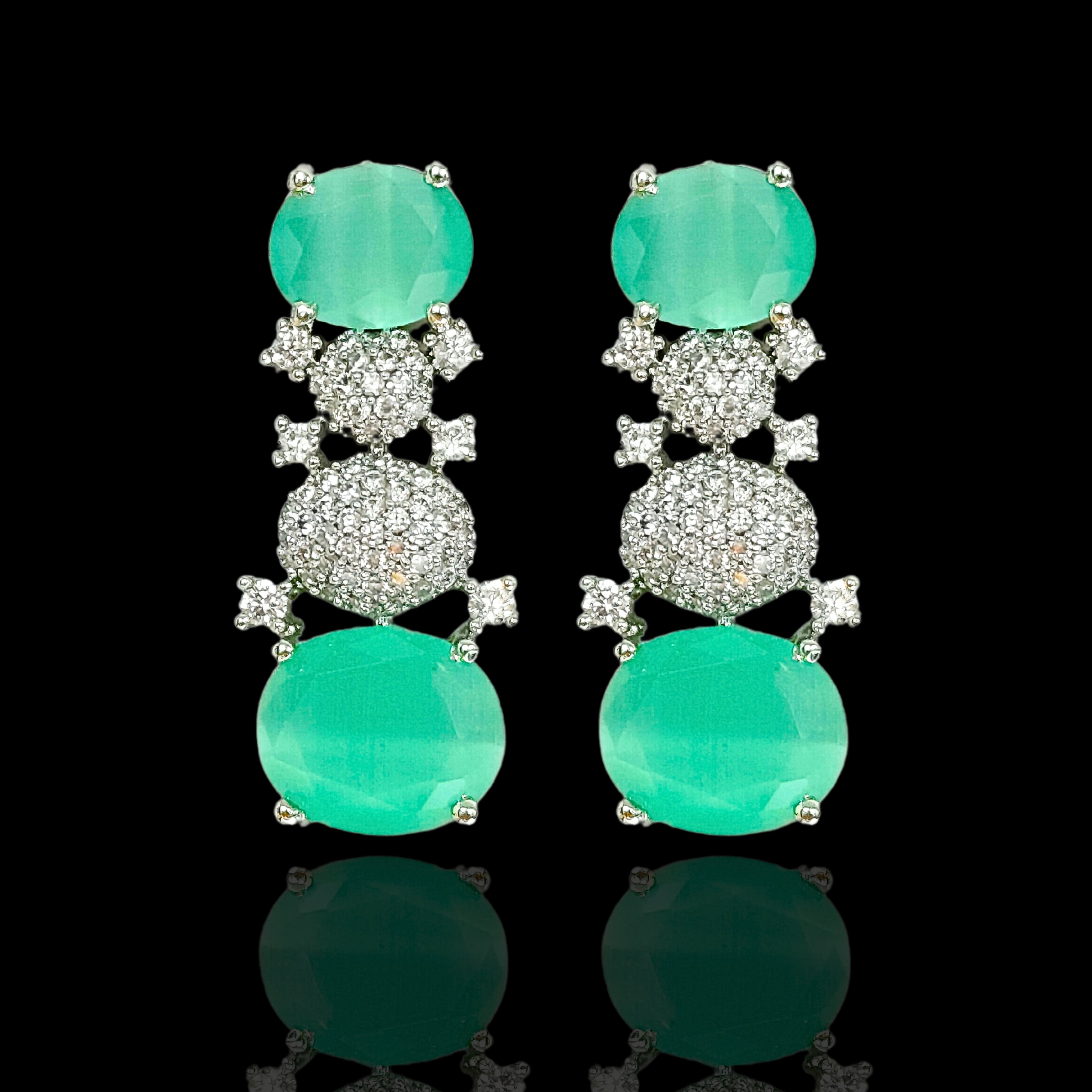 Rhodium Plated Green Stone Earrings