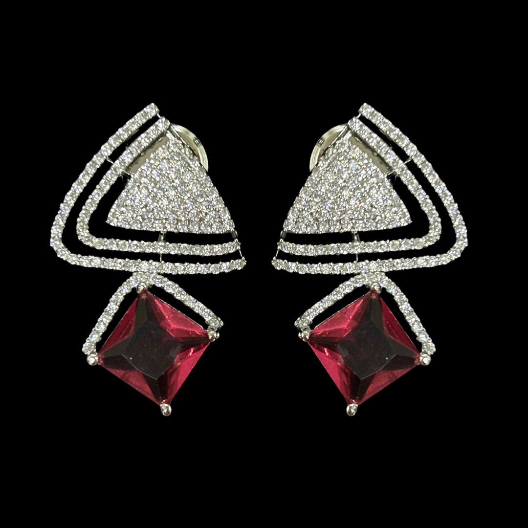 Rhodium Plated Red Ruby Earrings