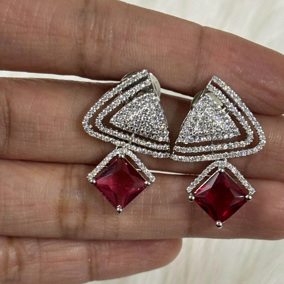 Rhodium Plated Red Ruby Earrings