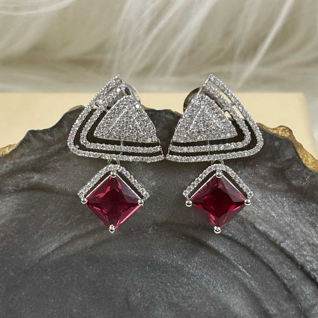 Rhodium Plated Red Ruby Earrings