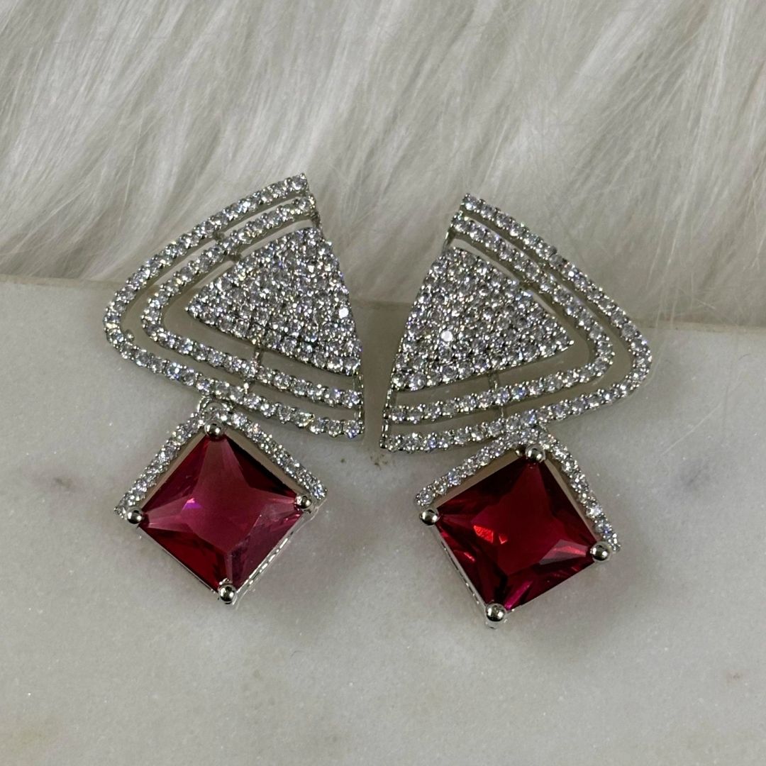 Rhodium Plated Red Ruby Earrings