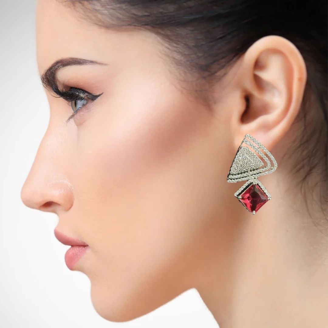 Rhodium Plated Red Ruby Earrings