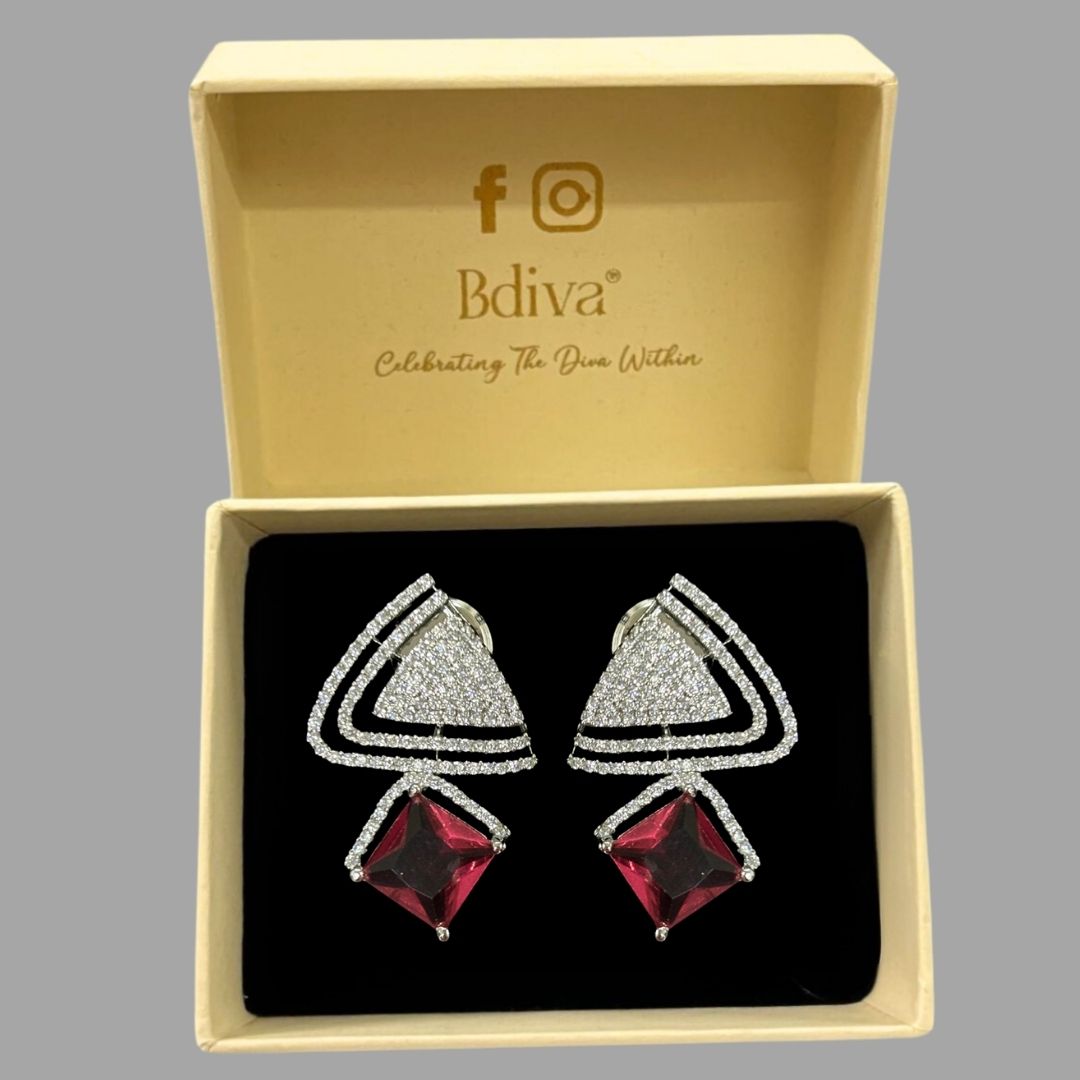 Rhodium Plated Red Ruby Earrings