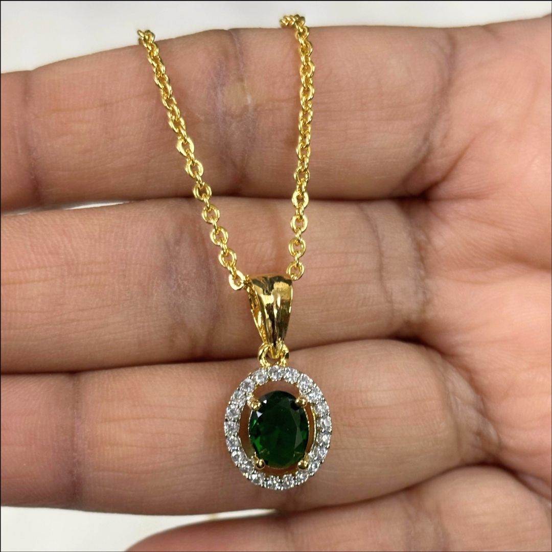 Green Emerald Luxe Gold-Plated Solitaire Halo Pendant & Earrings Set – A Regal Touch of Green